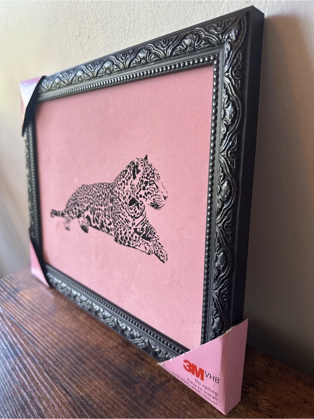 Pink Leopard Wall Art Ornate Black Frame Velvety Soft Finish 3M Stick Mount NWT